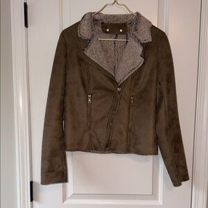 Faux-Suede Shearling Moto Jacket - Olive Brown